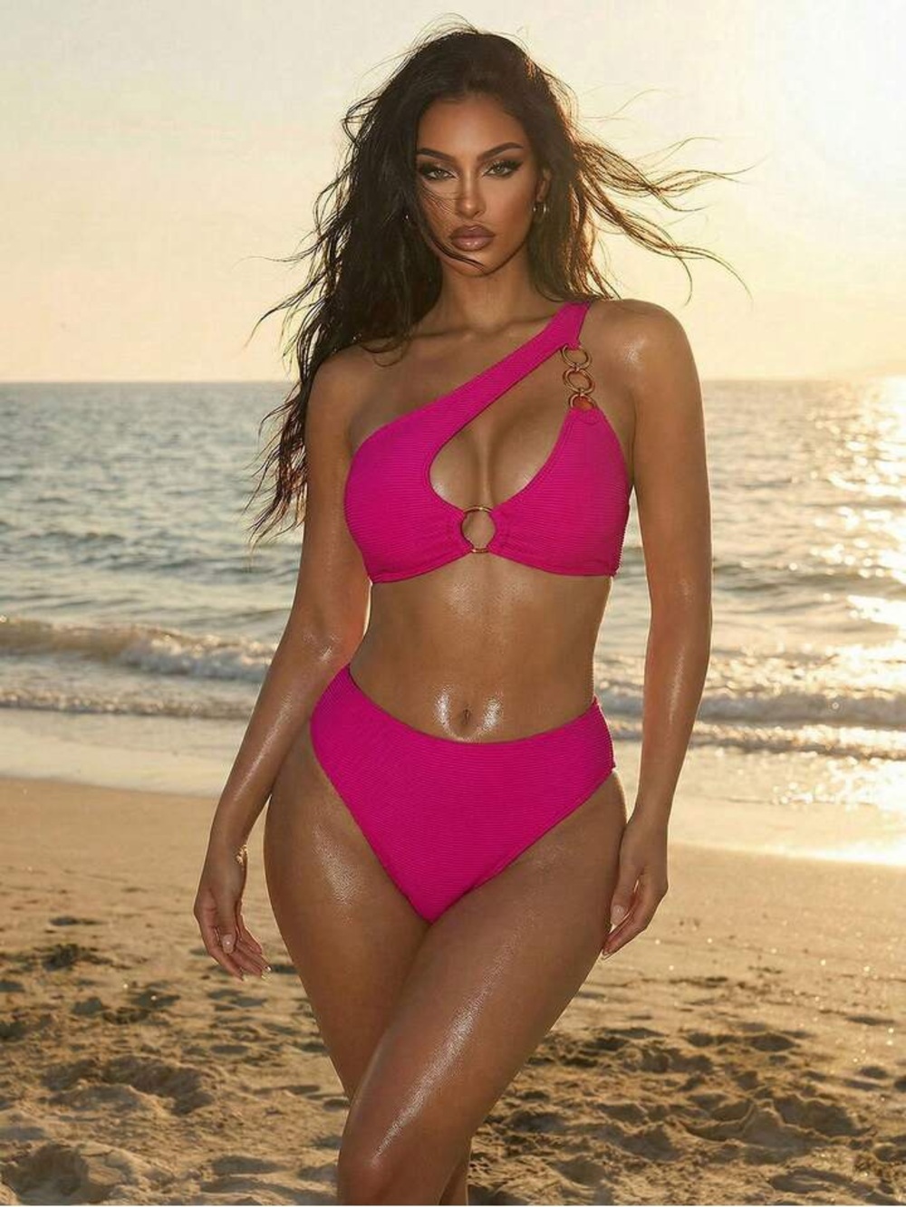 SHEIN One-Shoulder Ring-Accent Bikini Set in Fuchsia - Picture 4 of 8